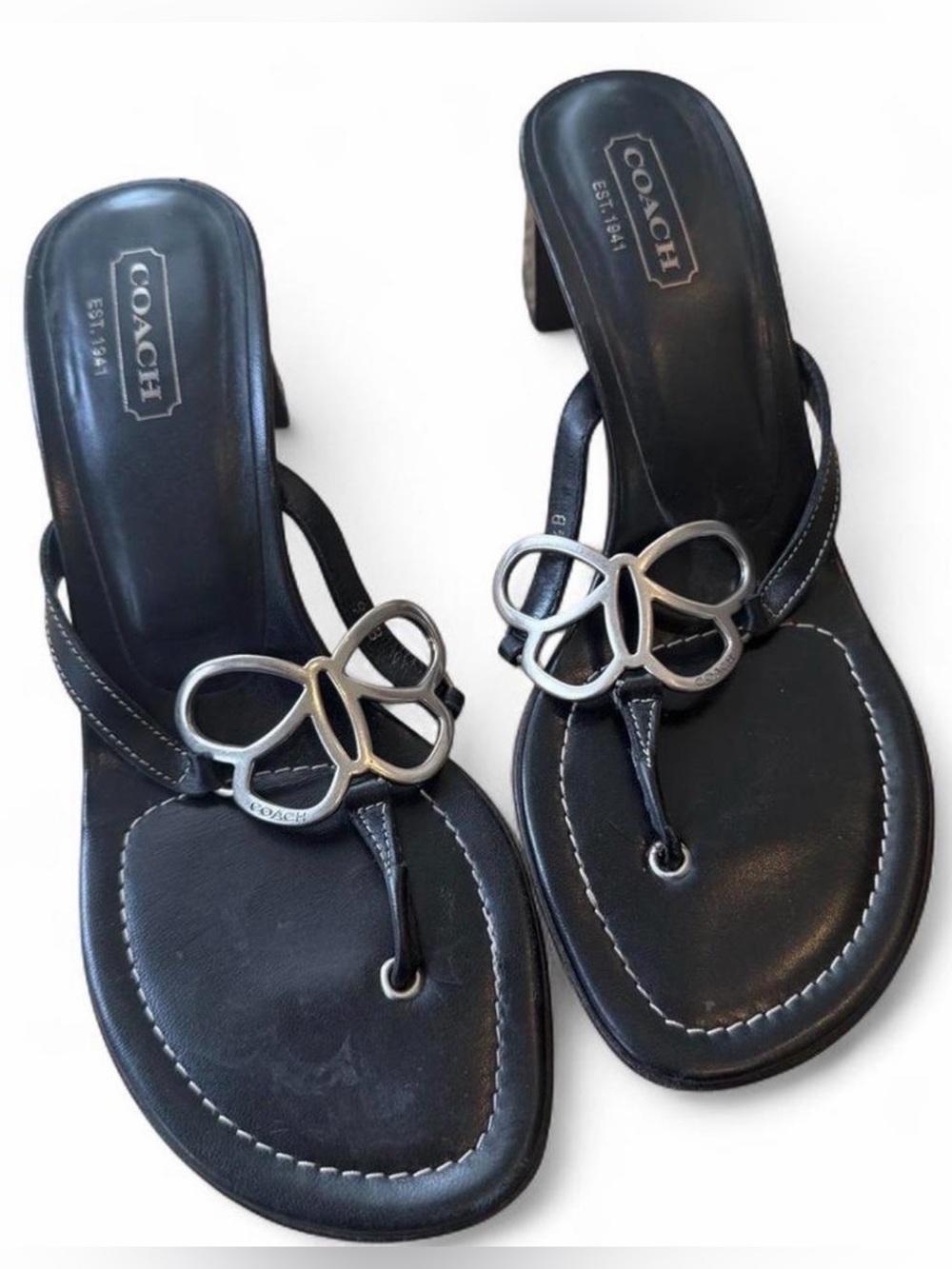 Coach 1941 Black Leather Butterfly Heel Sandals, size 9.5